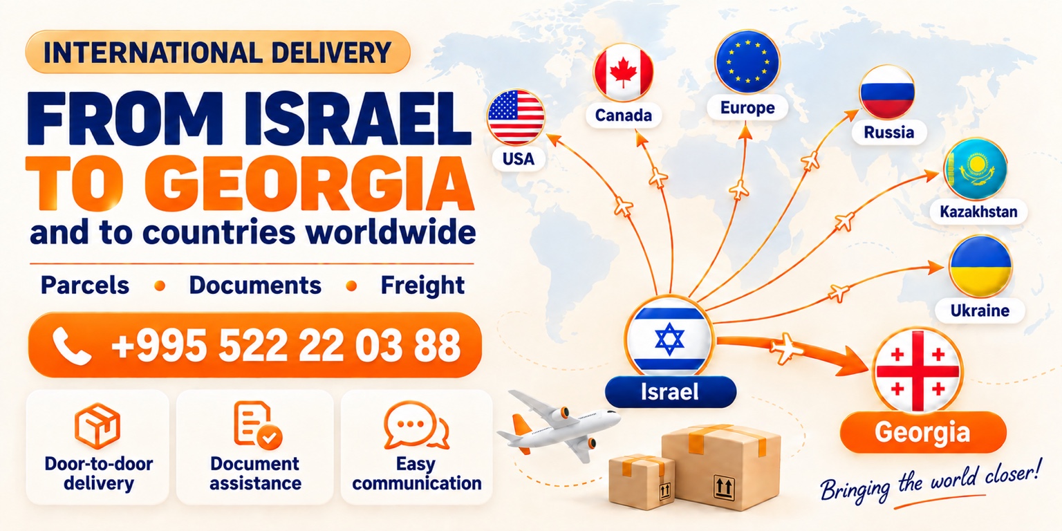International delivery from Israel to Georgia, Canada, the USA, Europe, Russia, Kazakhstan and Ukraine. Parcels, documents and cargo. Phone: +995 522 22 03 88.